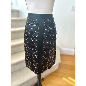 Milly Silk Black Abstract Tan Print Ruched Pencil Skirt